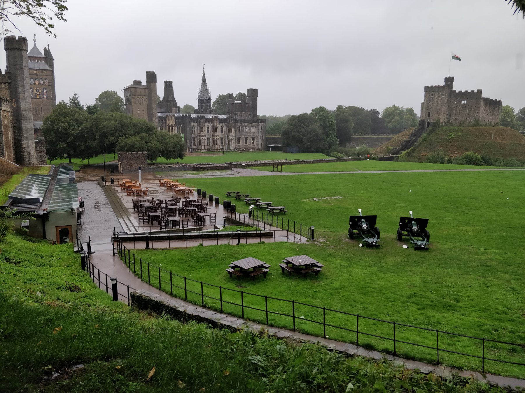 Cardiff Castle with its keep, towers and green grounds